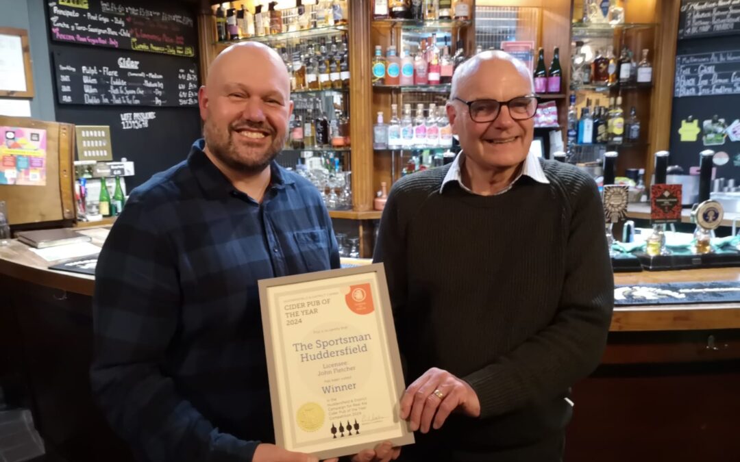 John Fletcher being presented with Huddersfield Cider Pub of the Year
